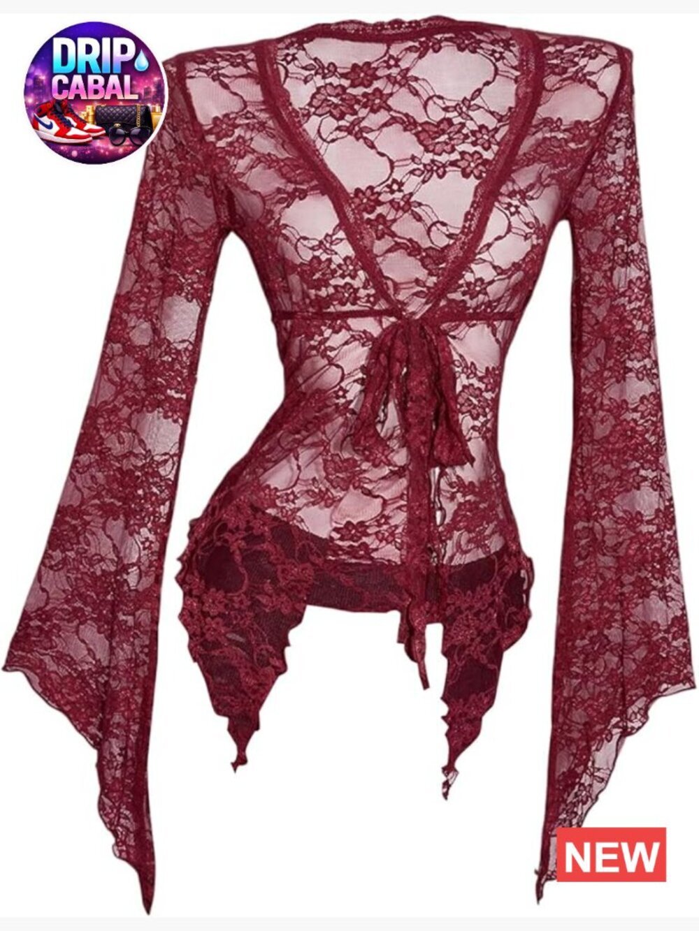 Sexy Lace Bell Long Sleeve Tie Front Cardigan Sheer Mesh Y2K Rave Tops